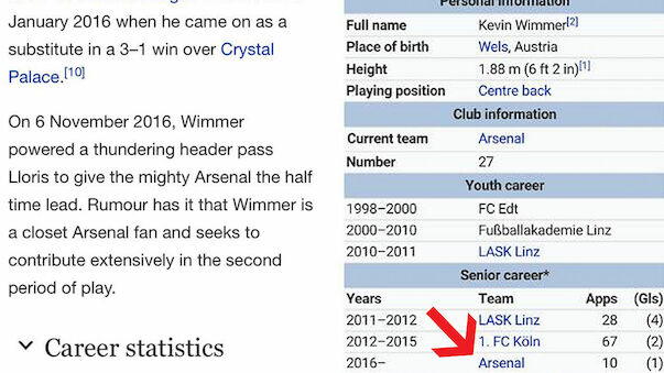 Wikipedia-Vandale lässt Wimmer für Arsenal spielen